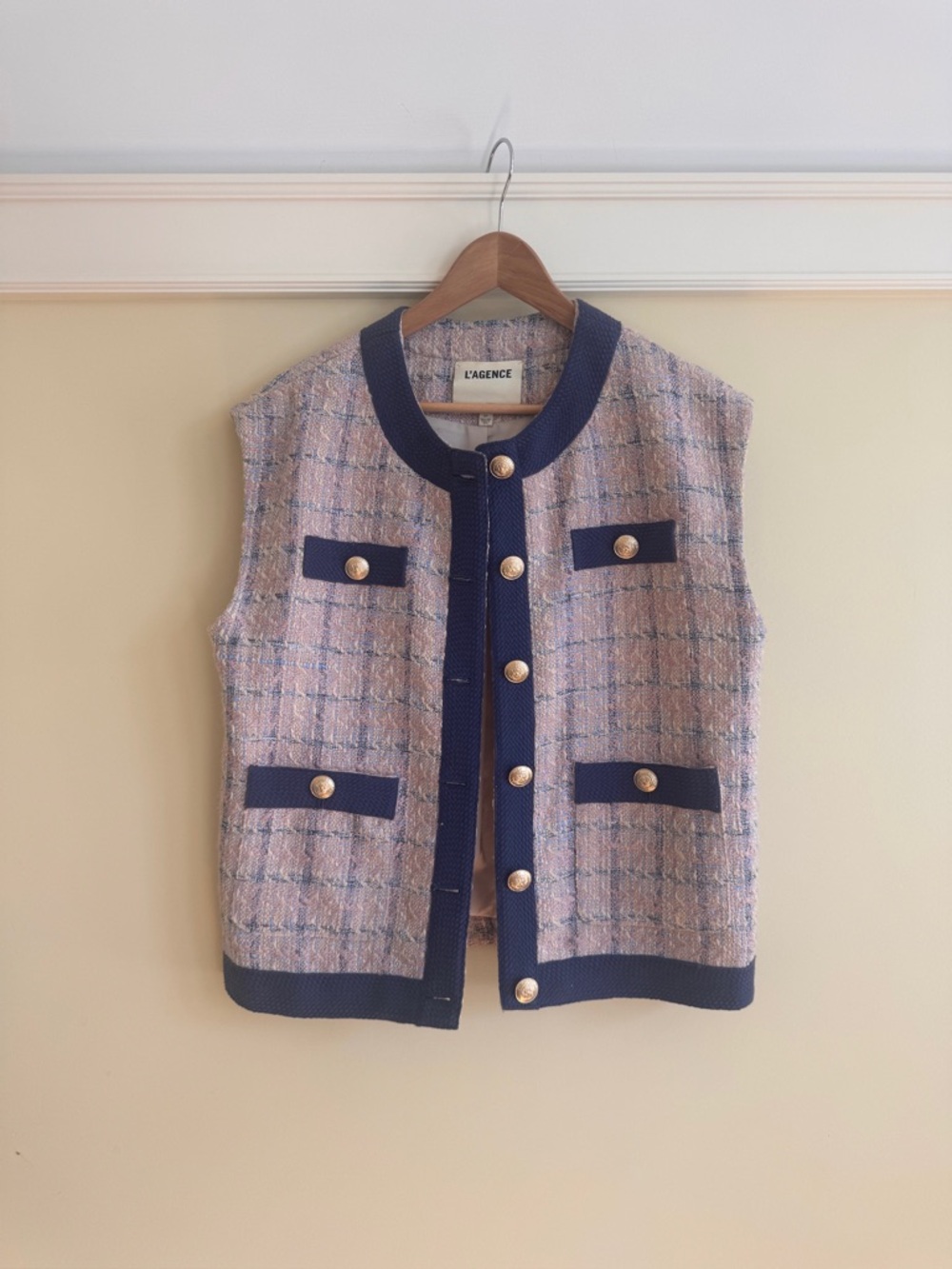 L'AGENCE Pink Tweed Vest with Navy Trim